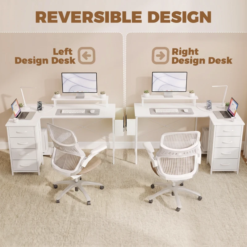 HOMCOM L Shaped Gaming Desk Reversible Power Outlets Corner Desk Storage Drawers Monitor Shelf 150 cm White