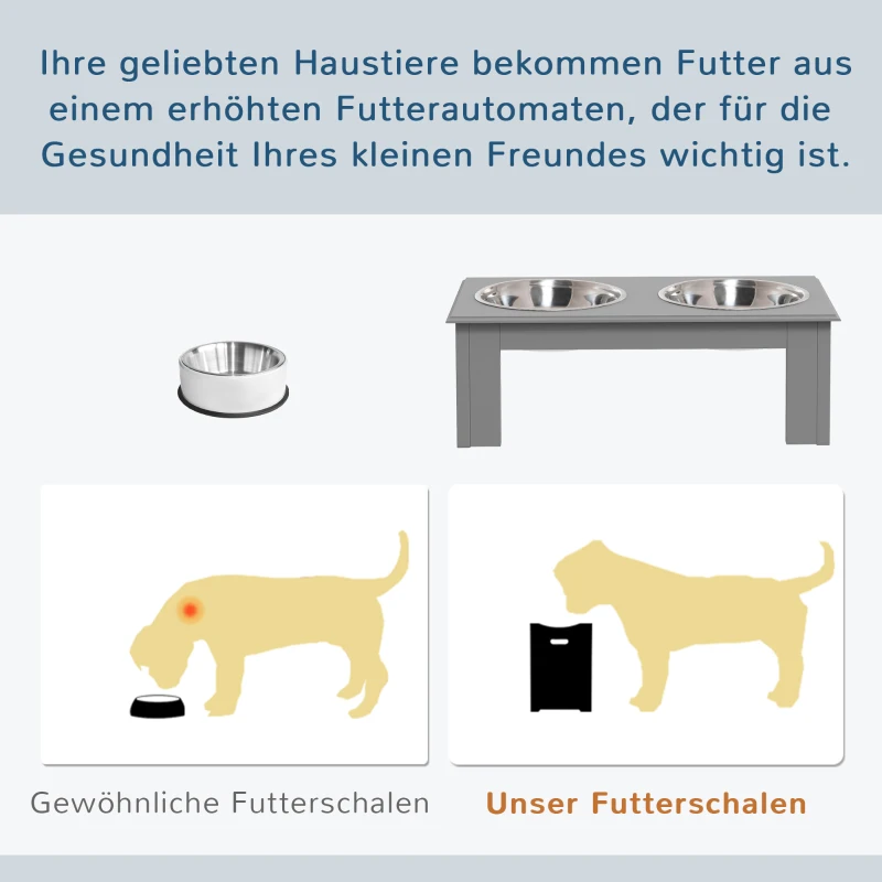 PawHut Hondenvoerstation, Antislip, 44x24x15cm, Grijs, 0,9L per Schaal