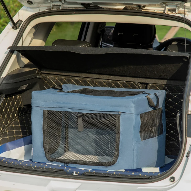 PawHut Transportadora para Cães e Gatos Portátil Dobrável com 3 Portas e Almofada Suave 60x42x42 cm Azul