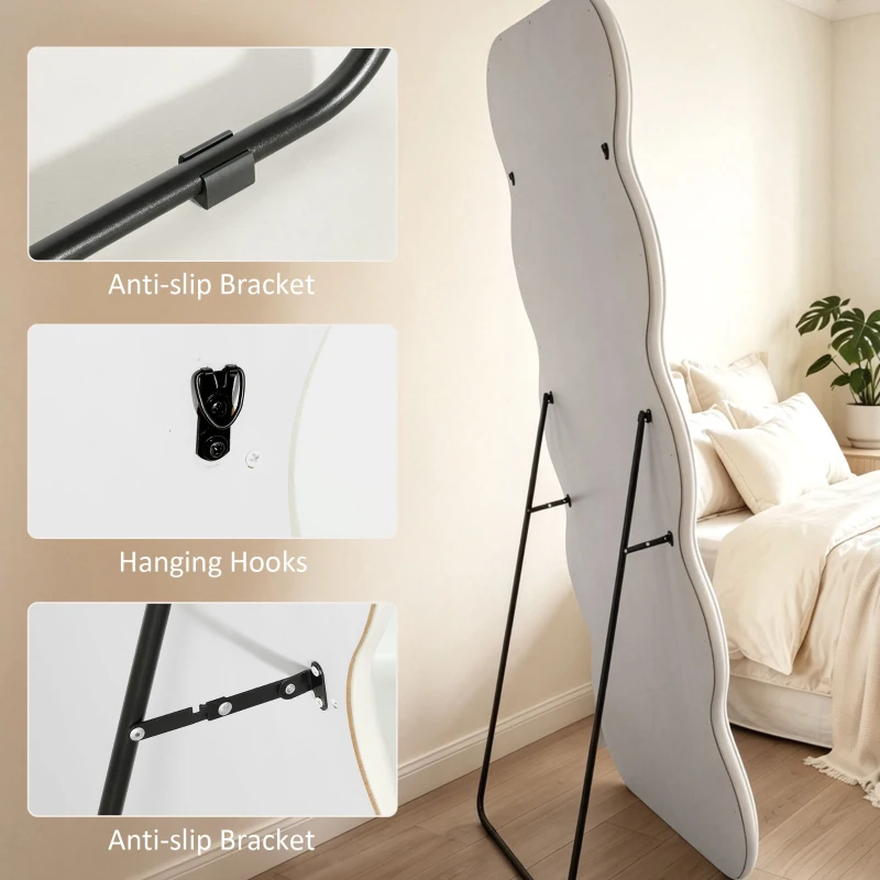 HOMCOM Full Length Mirror, 160 x 60 cm Wavy Full Body Wall Standing Mirror with Velvet Frame and Tempered Glass, Cream White