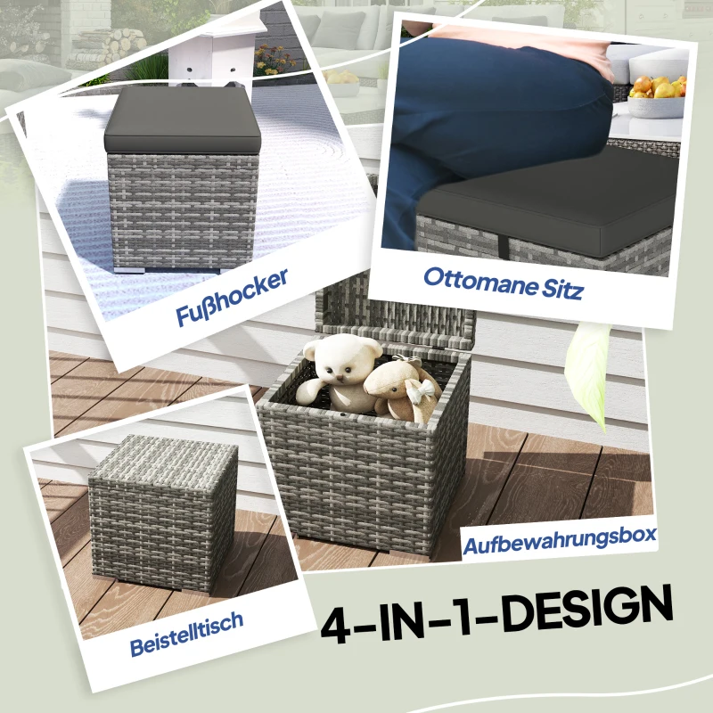 Outsunny 2-delige Set Rotan Krukken Zitkrukken met Rotanlook Opbergruimte Kussens Deksel 120 kg Belastbaar 40x40x41cm Donkergrijs