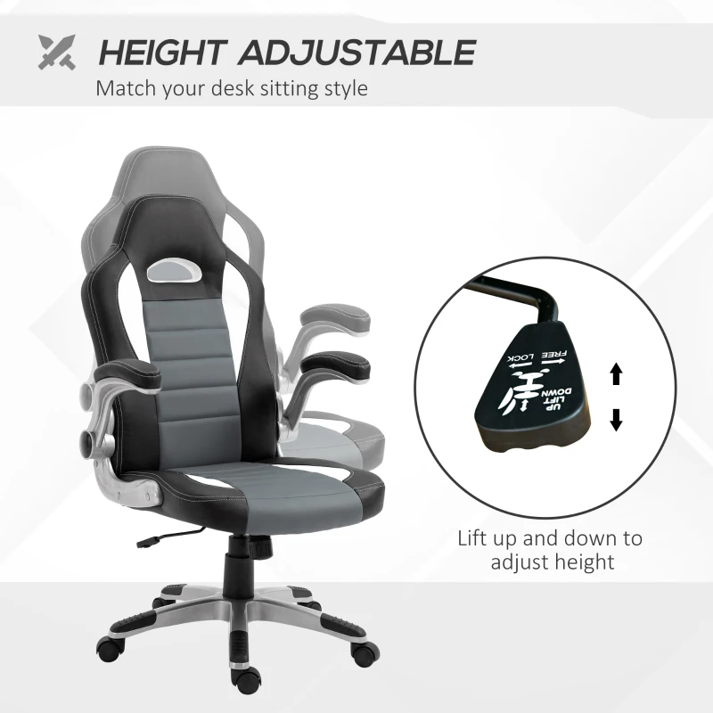HOMCOM Racing Office Chair PU Leather Computer Desk Chair Gaming Style with Wheels, Flip-Up Armrest, Grey