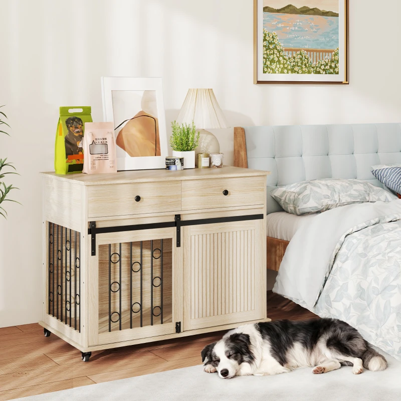 PawHut Hondenbench op wielen, 2 deuren, 2 lades, voor middelgrote en grote honden, hout, staal(m-9)