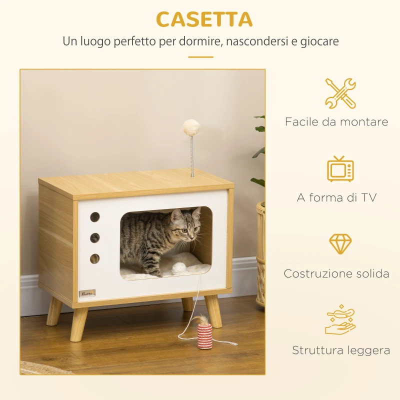 PawHut Casetta per Gatti in Truciolato a forma di Televisore con Cuscino e Pallina Giocattolo, 50x28x43 cm