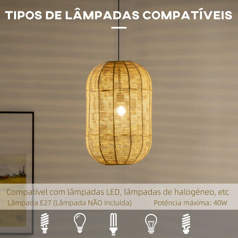 HOMCOM Candeeiro Suspenso de Corda de Papel Candeeiro de Teto com Corda Ajustável Ø30x47cm Natural e Preto