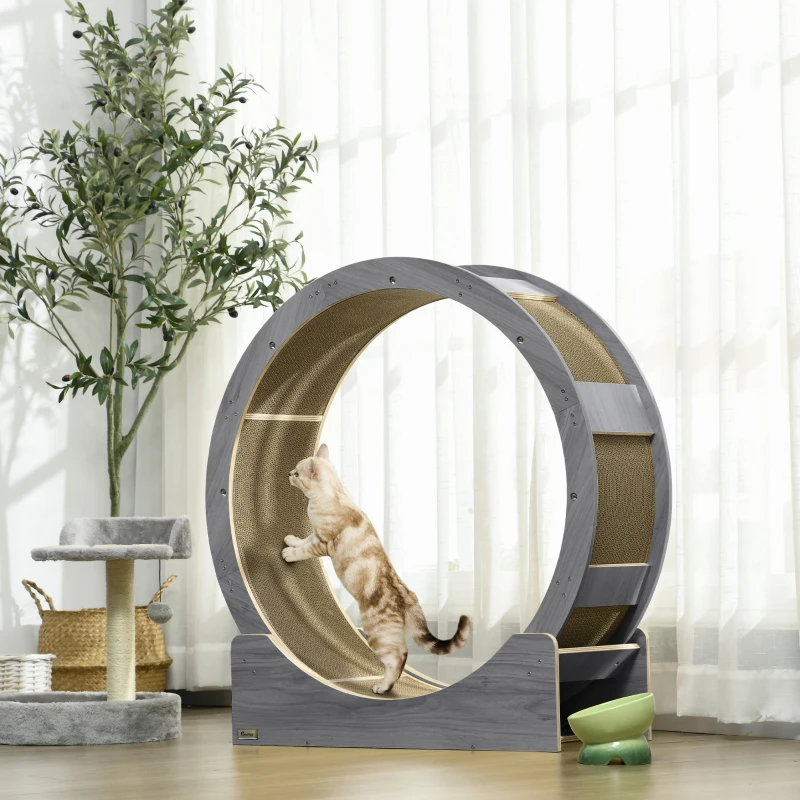 PawHut Kattenlooprad, 91 cm met Rem en Krabmat, voor Actieve en Gezonde Kattenbeweging, Grijs