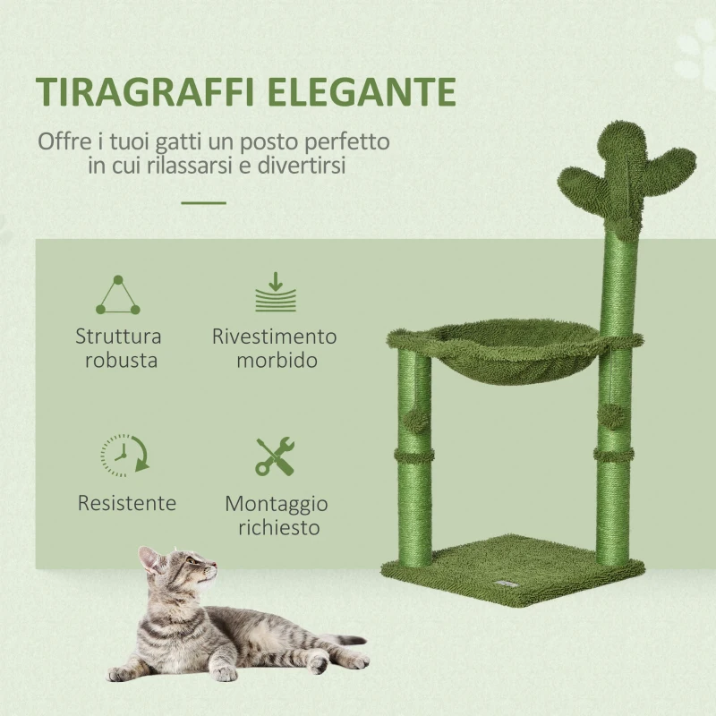 PawHut Albero Tiragraffi per Gatti fino 4.5kg a Forma di Cactus con Palline e Amaca, 40x40x96cm - Verde