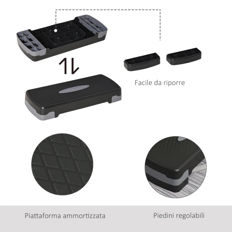 HOMCOM Stepper Fitness Casa, Step Fitness con Altezza Regolabile 10-15 cm, con Strato Antiscivolo, Pedana Step Fitness Casa per Allenamento a Palestra, 68x29cm, Nero e Grigio
