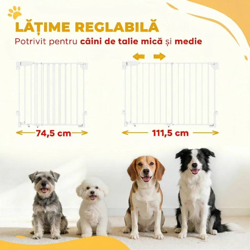 PawHut Poartă Animale 74,5-111,5 cm, Închidere Automată, Operabilă cu Mână, Montaj pe Perete, Alb