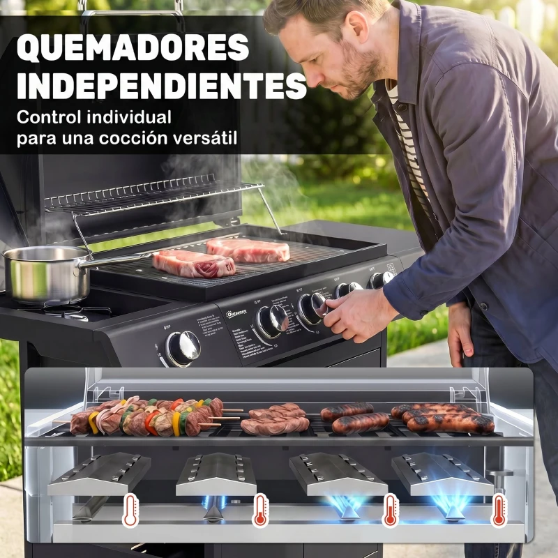 Outsunny Barbacoa de Gas con 4+1 Quemadores 14,4 KW Mesas Laterales Armario de Almacenaje Termómetro y 2 Ruedas Acero Inoxidable BBQ 125x51x100 cm Negro