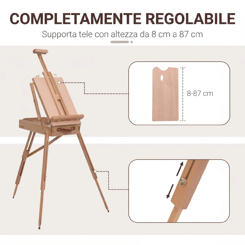 HOMCOM Cavalletto Treppiede con Cassetto, Tavolozza e Tracolla ad Altezza Regolabile, in Legno di Faggio, Color Legno