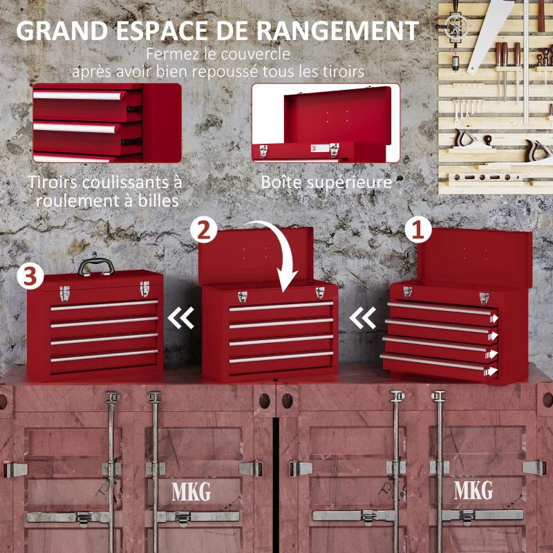 DURHAND Boite à outils métallique coffret à outils caisse à outils 4 tiroirs + plateau tôle acier 51 x 22 x 39,5 cm rouge