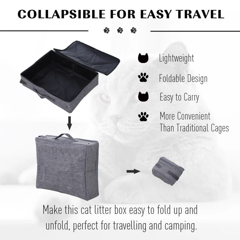 PawHut Cat Litter Box Collapsible Portable Foldable Travel Light Weight Toilet Tray For Small Kitty - Grey