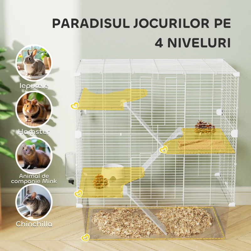 PawHut Cușcă pentru rozătoare pe mai multe niveluri cu accesorii incluse, din oțel, PET și PS, 73x47x80 cm, alb