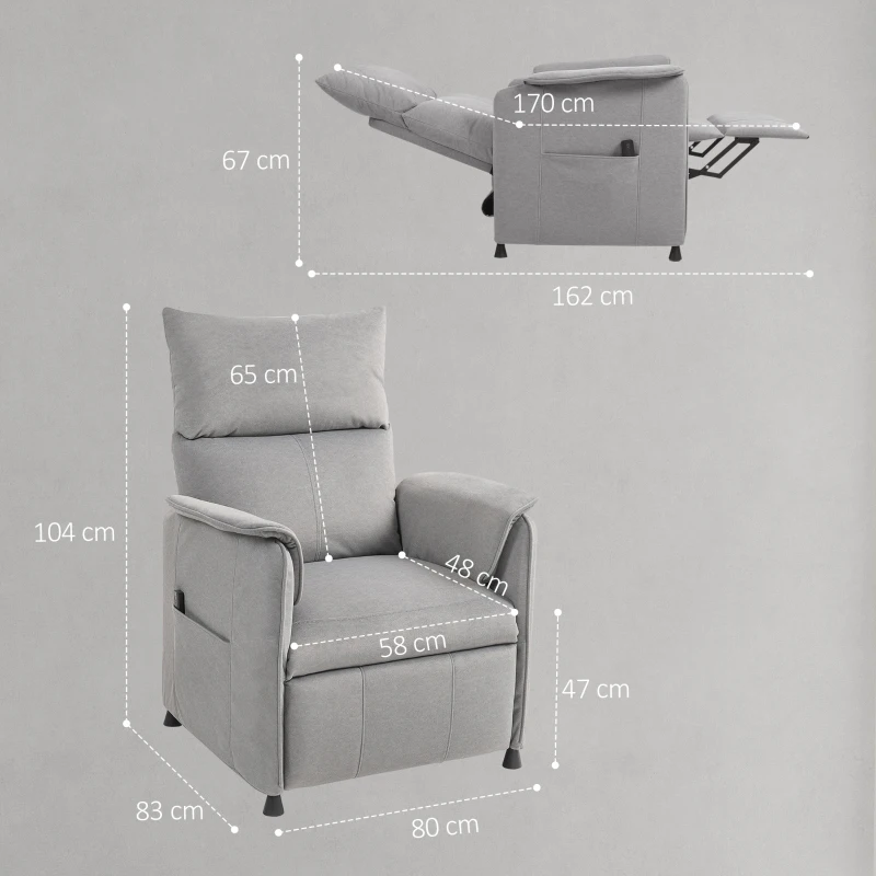 HOMCOM Poltrona Relax Reclinável Elétrica com Função Memória Apoio para Pés Controlo Remoto e Bolsos Laterais 80x83x104 cm Cinzento