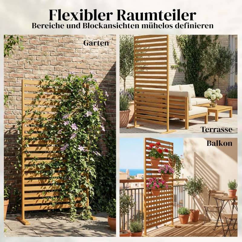 Outsunny Sichtschutz aus Holz 80 x 170 cm Raumteiler mit Standfuß Lamellen, freistehender Raumtrenner Braun