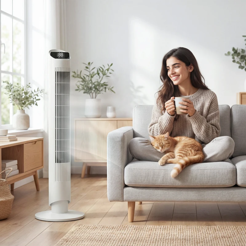 HOMCOM Tower Fan with WiFi App Control Standing Floor Cooling Fan Remote Control 101.8 cm White