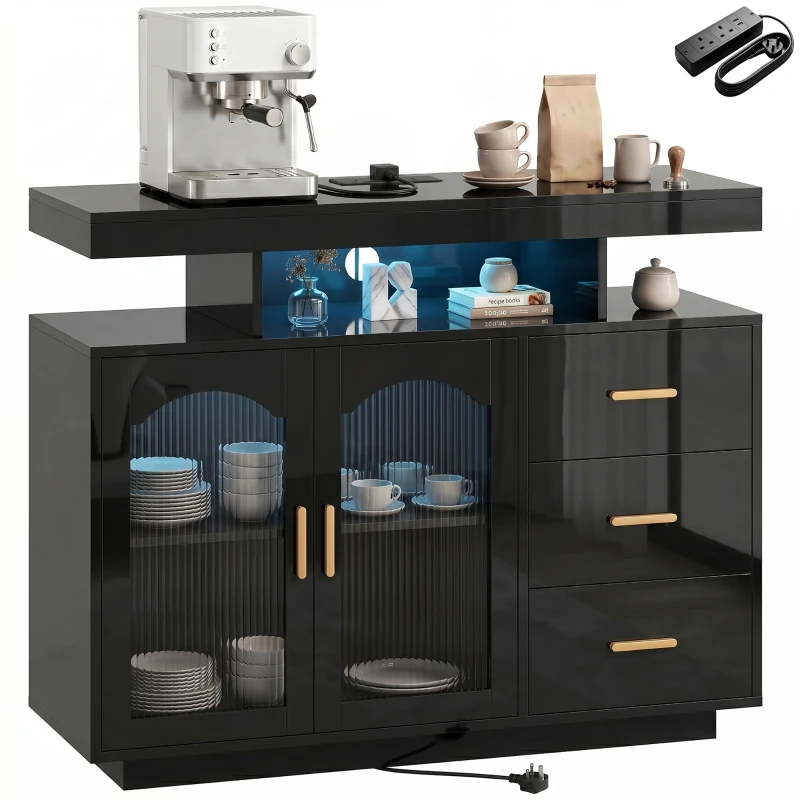 HOMCOM High Gloss Sideboard with LED Lights, Built-in Power Outlets, 3 Drawers, Shelves and 2 Acrylic Doors, Black
