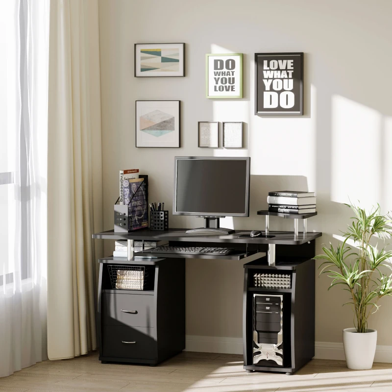 HOMCOM Computertisch Schreibtisch Bürotisch PC Tisch Arbeitstisch Home Office reichlich Stauraum 2 Schubladen Druckregal Schwarz 120 x 55 x 85 cm