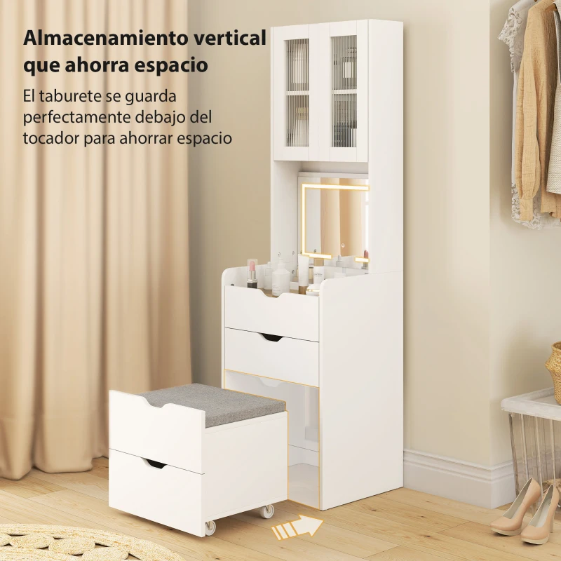 HOMCOM Tocador de Maquillaje con luces LED de 3 Colores Espejo Abatible y Taburete Acolchado 3 Cajones y Estantes Blanco