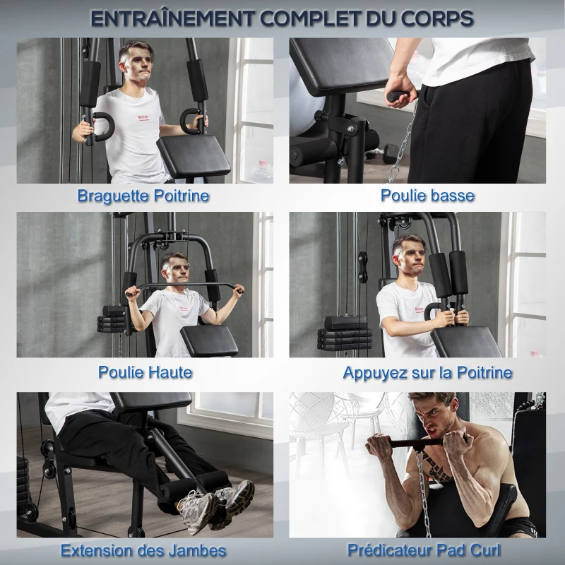 HOMCOM Station de musculation fitness avec 9 blocs de poids de 5 kg entrainement complet - dim.180L x 108l x 200H cm(m-4)
