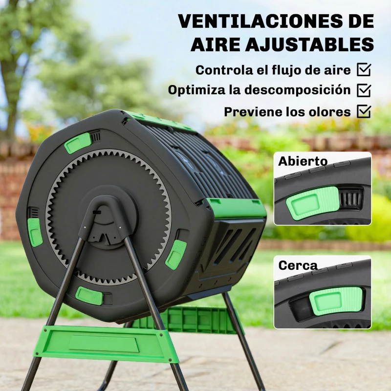 Outsunny Compostador Giratorio 200L con Sistema de Ventilación y Base de Metal para Compostaje de Residuos Orgánicos Verde