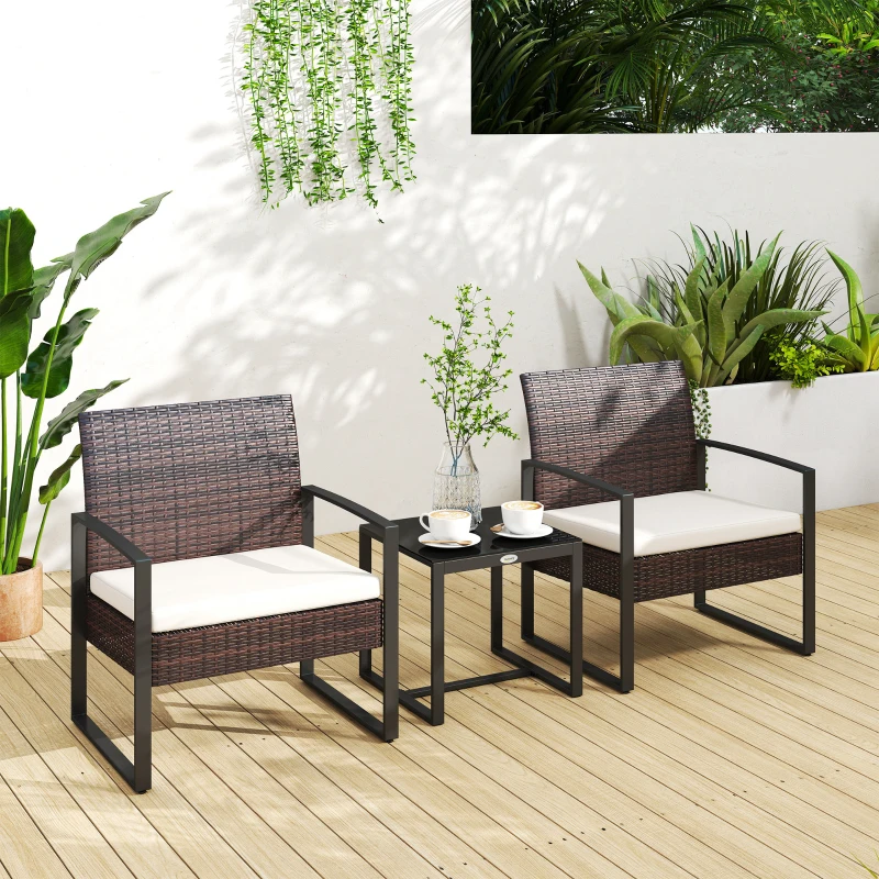 Outsunny Polyrattan Gartenset für 2 Personen Balkonmöbel Set mit Kissen Braun+Creme