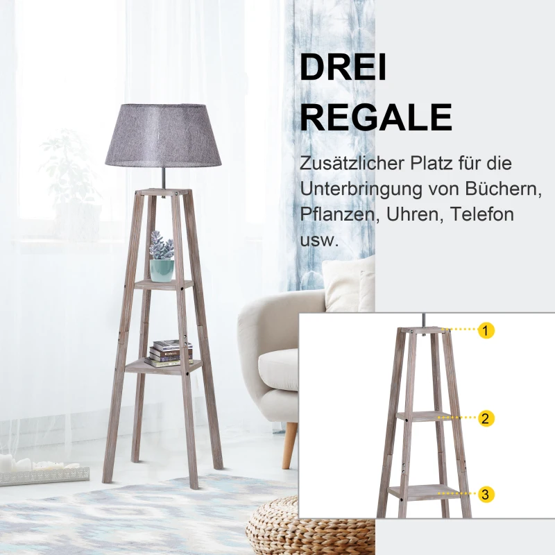 HOMCOM Staande lamp met schappen, Scandinavische schemerlamp, lamp, linnen, grenen hout, natuurlijk, grijs, 45 x 45 x 148 cm schappen vloerlamp lamp grenen naturel grijs | Aosom.de