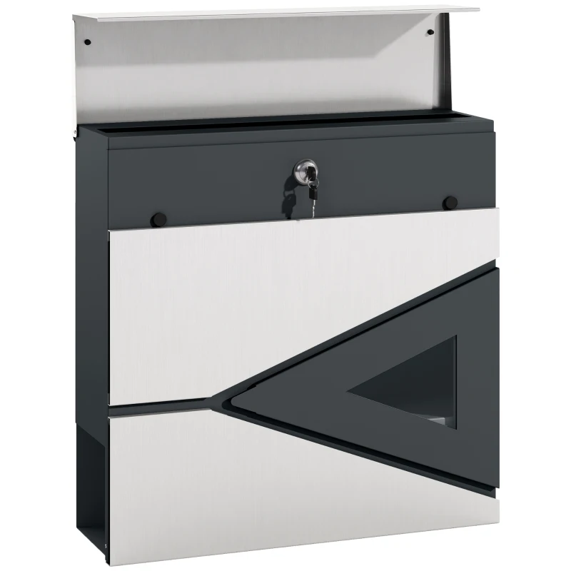 HOMCOM Wall Mounted Post Box with Viewing Window, 2 Lock, Modern Galvanised Steel Mailbox with Copper Core, Weatherproof Letterbox for Outdoor Use, Easy to Install, Silver
