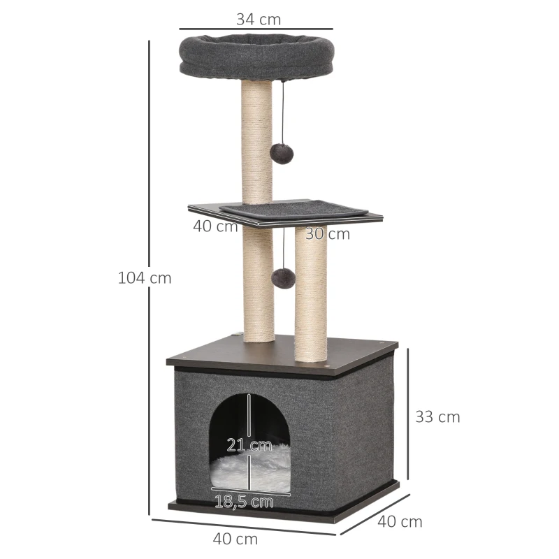 PawHut Katzenkratzbaum Katzenspielzeug Kletterbaum Spielmöglichkeiten Spielsisal Spielseil PB-Platte Sisal Dunkelgrau 40 x 40 x 104 cm