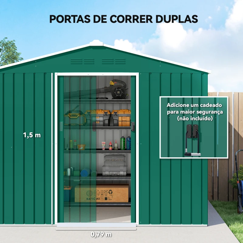 Outsunny Abrigo de Jardim Exterior 3,6 m² 236x171x191 cm com Portas Deslizantes e Ranhuras de Ventilação Verde