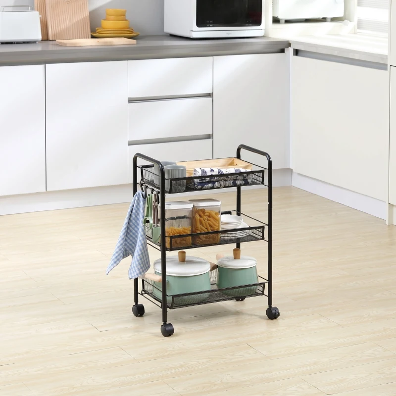 HOMCOM Carrinho de Cozinha em Aço com 3 Cestos e Rodas, Suporta 9 kg, Cozinha, Casa de Banho e Lavandaria 45x26,5x63 cm,  Preto
