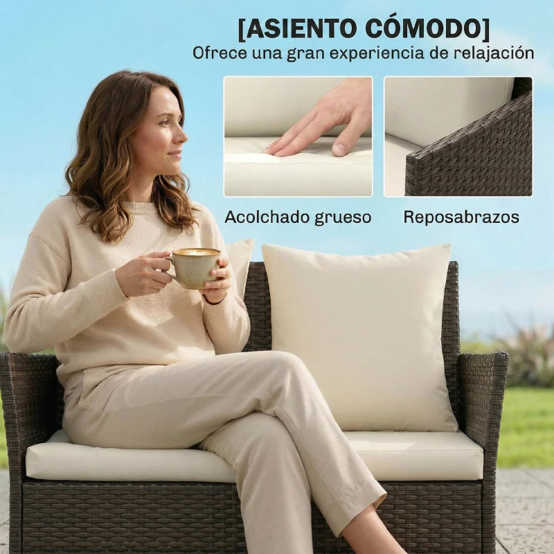 Outsunny Conjunto de Jardín Exterior de Ratán 4 Piezas Incluye Sofá de 2 Plazas 2 Sillas Mesa de Vidrio Cojines Lavables Marrón