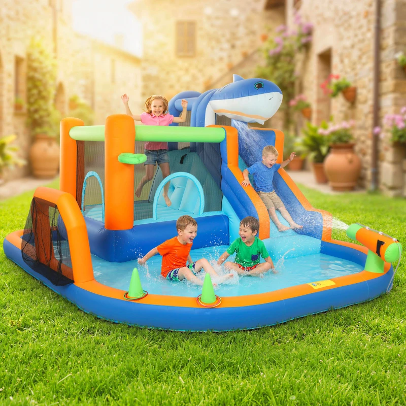 AIYAPLAY Inflatable Bouncy Castle for Kids, Sharks Theme Jumping Bounce House with Slide, Climbing Wall for Indoor Outdoor