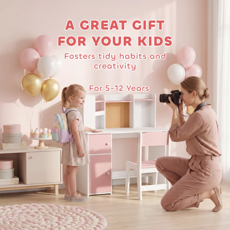 AIYAPLAY Kids Desk and Chair Set Storage Shelves Kids Desk Adjustable Tablet Stand Cork Board Pen Holder Pink