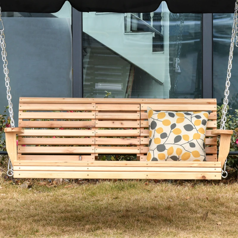Outsunny Banco Baloiço de 2-3 Lugares de Madeira com Mesa de Centro Dobrável e 2 Porta-copos para Jardim 150x75x53 cm Natural