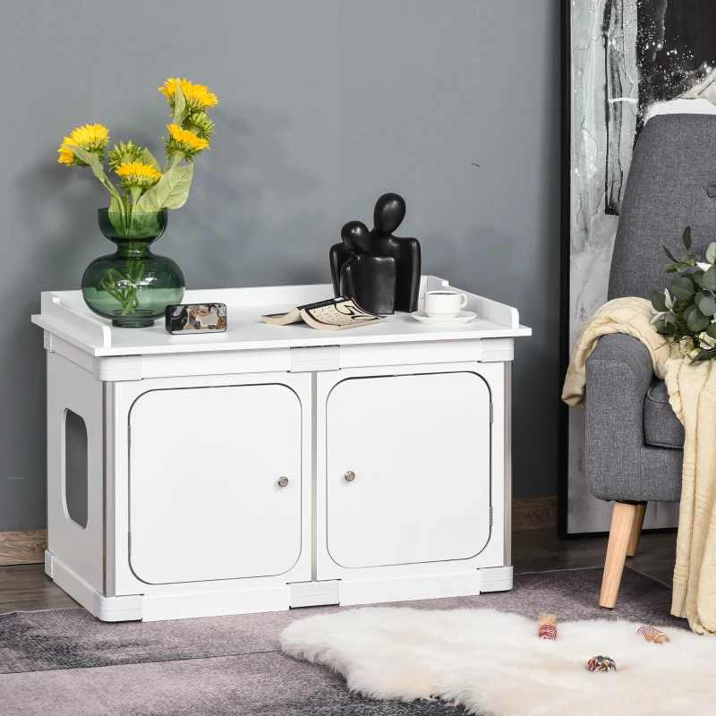 PawHut Wooden Cat Litter Box Enclosure Washroom Toilet Home Cabinet Kitty House Nightstand End Table Magnetic Door Adjustable Partition Board White