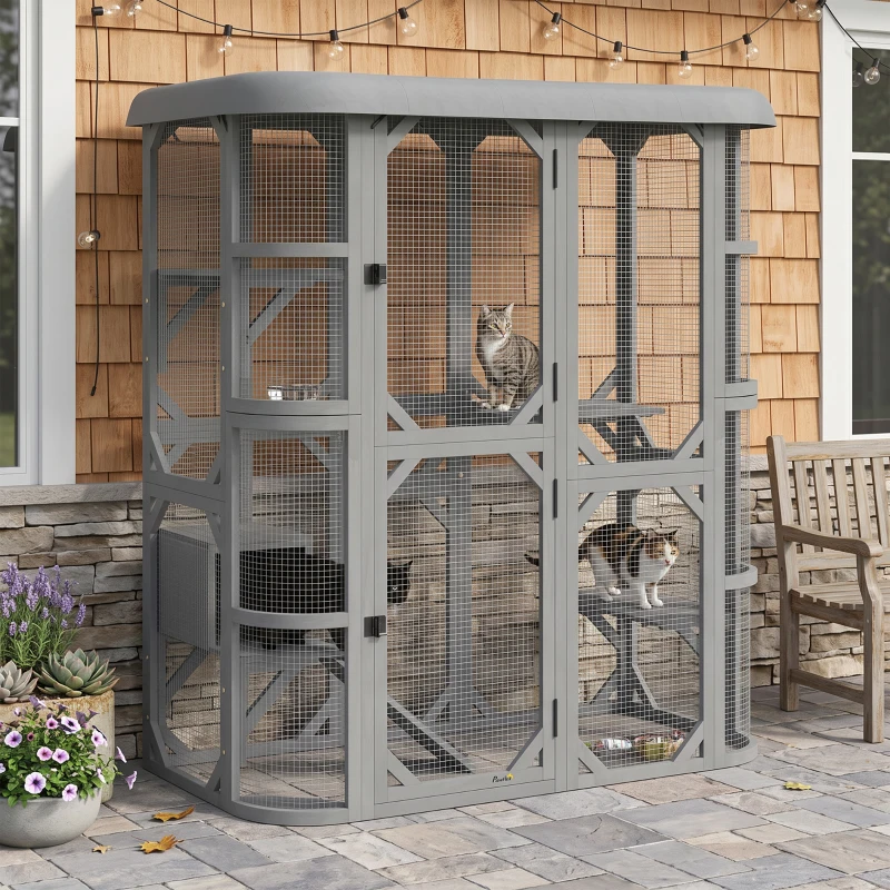 PawHut Catio Outdoor Cat Enclosure,  Wooden Cat House with Platforms, Condo and Waterproof Cover for 2–3 Kittens, Grey