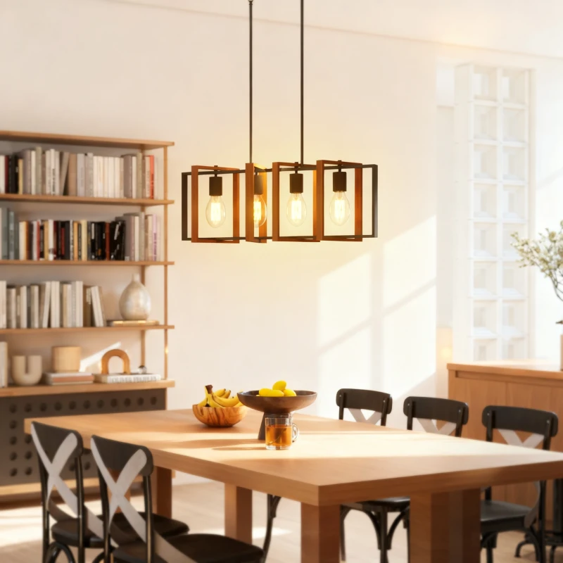 HOMCOM Suspension luminaire moderne, lustre plafonnier avec 4 cadres rotatifs et hauteur réglable, 80 x 21 x 90-130 cm, noyer