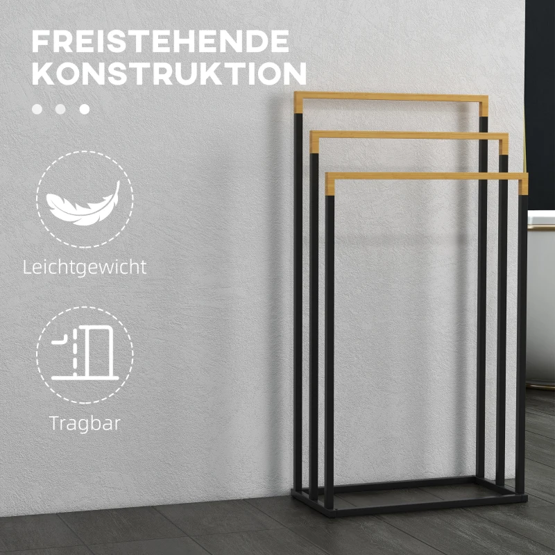 kleankin Handdoekhouder Handdoekhouder Set 3 Handdoekstangen, Industrieel Ontwerp, Bamboe, 45 x 22,5 x 86 cm, Zwart + Natuurlijk
