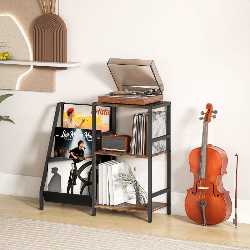 HOMCOM 3-Tier Record Player Stand, End Table for Living Room, Bedroom - Rustic Brown