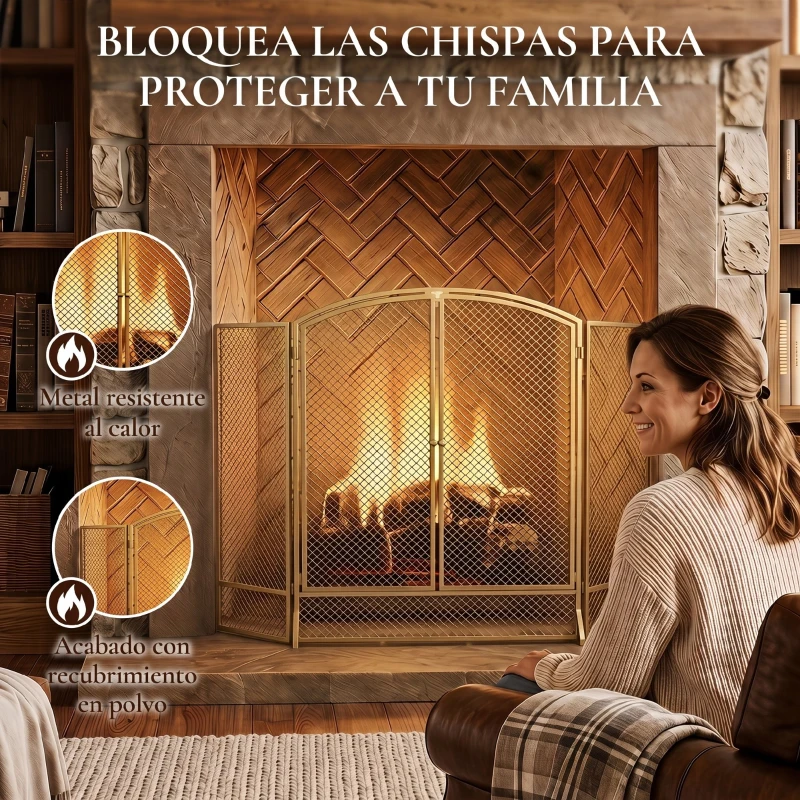HOMCOM Salvachispas para Chimenea Plegable de 3 Paneles de Metal con Doble Puerta para Hogar 122x75 cm Dorado
