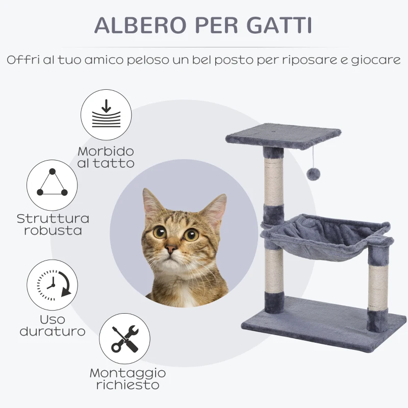 PawHut Tiragraffi per Gatti Multilivello con Amaca e Pallina, Legno e Peluche, 50x36x70cm, Grigio
