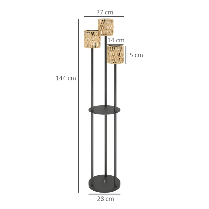 Outsunny Lampada da Esterno Solare in stile Boho con Ripiano Centrale, in Rattan PE e Acciaio, Ø37x144 cm, Nero e Giallo