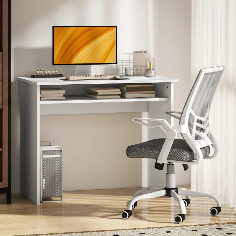 HOMCOM Home Office Furniture Set, Modern Computer Desk with Storage Shelf and Ergonomic Mesh Chair with Flip-Up Arms, Lumbar Support, Adjustable Height, Swivel Wheels, White and Grey
