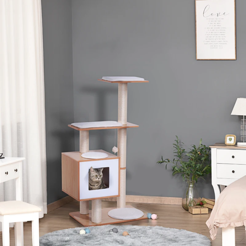 PawHut Tiragraffi Gatto Altezza 120cm con Cuccia Piattaforme e Giochi Sisal, MDF 71.5x49.5x120cm legno, bianco