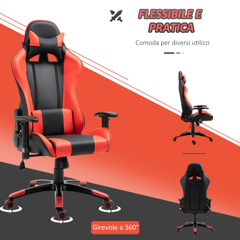 HOMCOM Sedia Gaming Professionale Girevole，Sedia da Ufficio Reclinabile con Sostegno Lombare e Collo PVC 67 x 67 x 123-132cm Nero-rosso