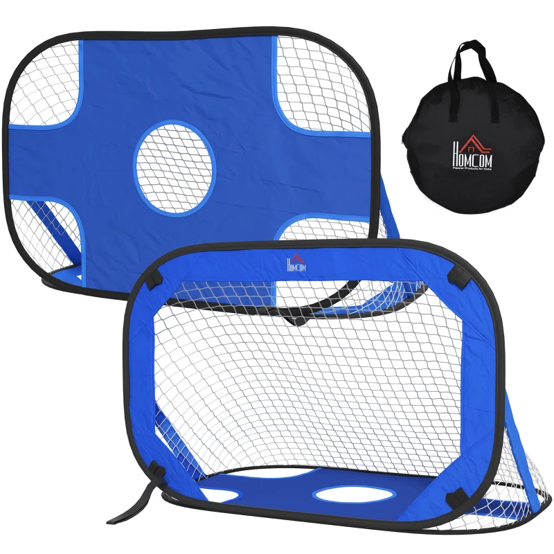 HOMCOM Fußballtore, Pop Up Tor, Tragbares Fußballnetz, 2er Set Minitore, mobil mit Tragetasche, Faltbar, Blau, 123 x 80 x 80 cm