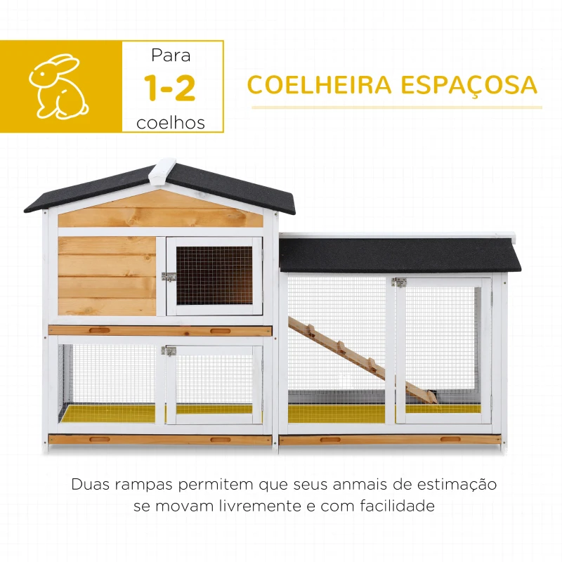 PawHut Coelheira de Madeira Exterior Gaiola para Coelhos de 2 Níveis com Teto Asfáltico 2 Cercados de Metal Bandeja Removível 3 Portas e Rampa 157,4x53x93,5cm Natural