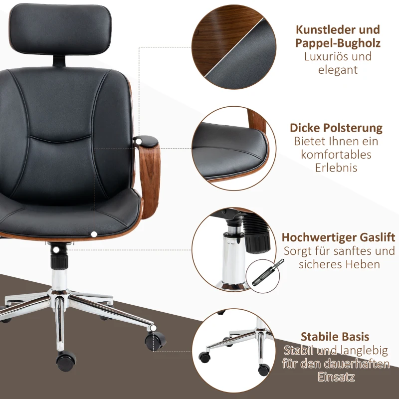 Vinsetto Bürostuhl Ergonomischer Schreibtischstuhl mit Hoher Rückenlehne, Abnehmbarer Kopfstütze für Home-Office Schwarz